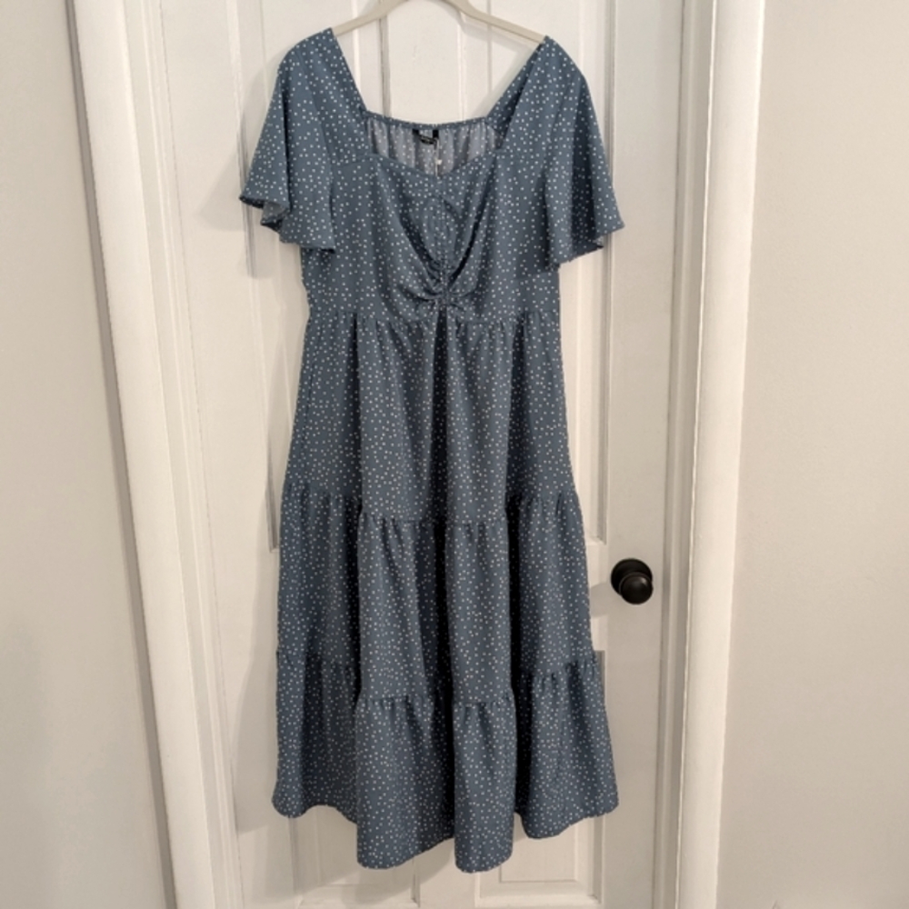 BloomChic Dusty Blue Polka Dot Tiered Midi Dress